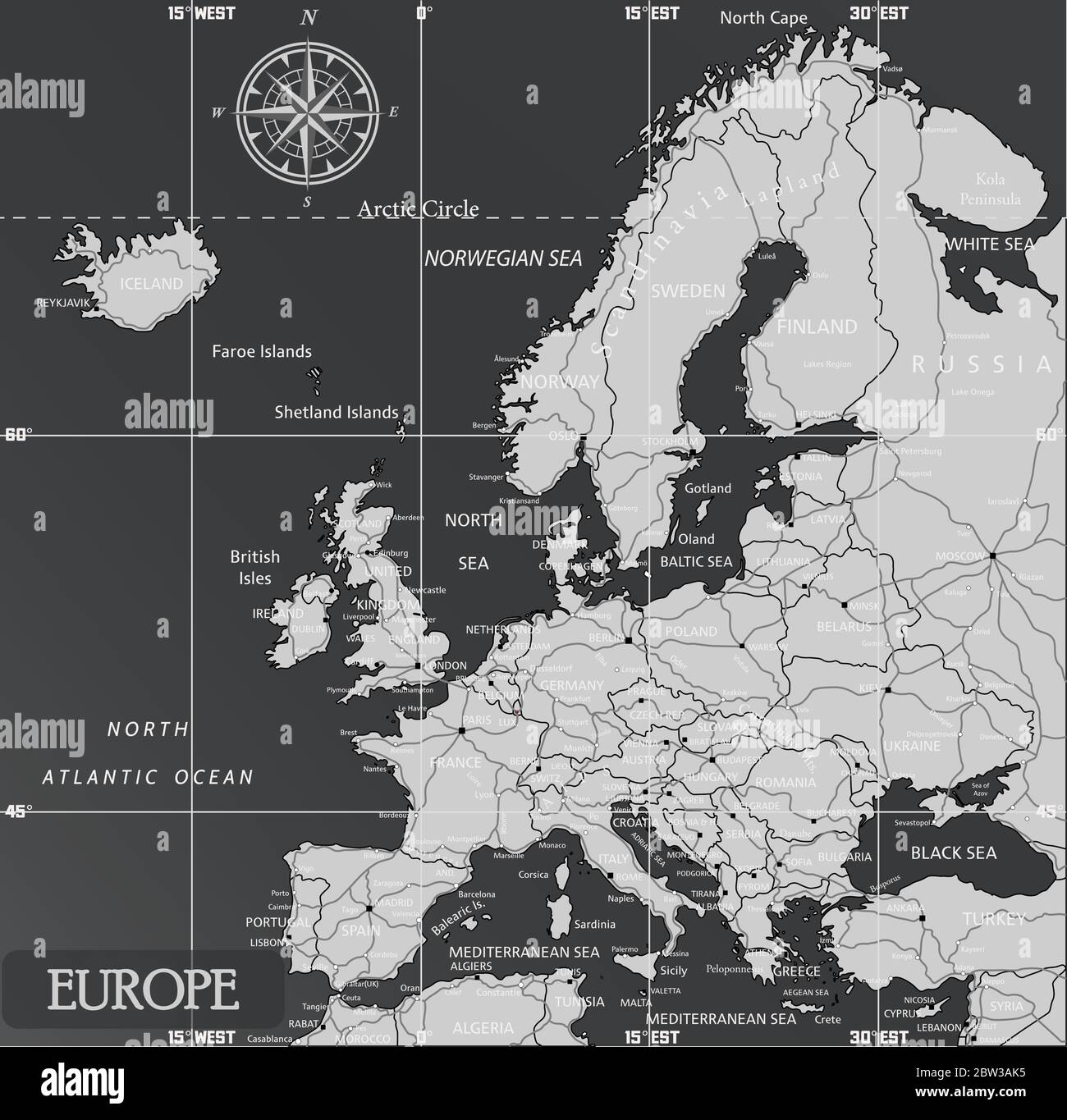 Mappa europea minima con colori scuri. Illustrazione Vettoriale