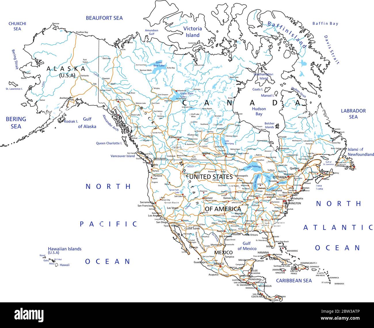 Mappa stradale dettagliata del Nord America con etichettatura. Illustrazione Vettoriale