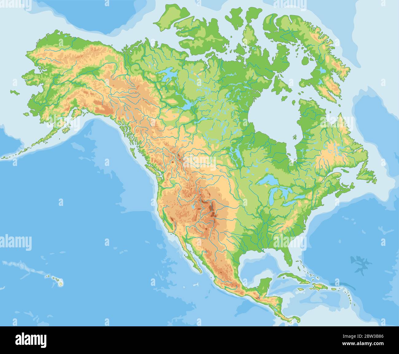 Mappa fisica del Nord America dettagliata. Illustrazione Vettoriale
