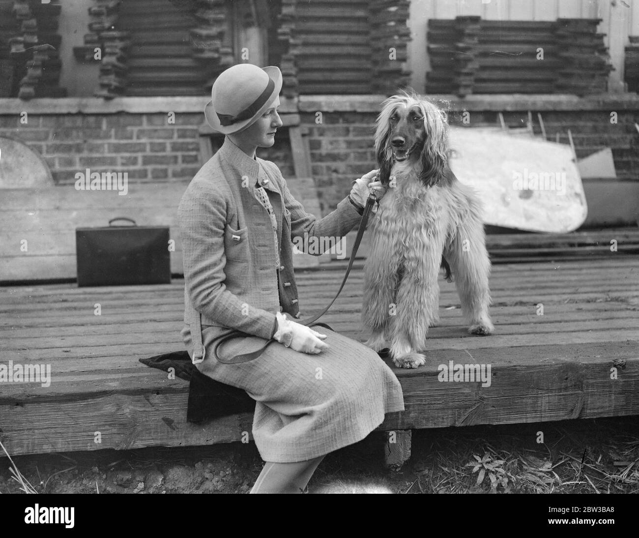 Il proprietario di un Hound afgano , preparandosi per lo spettacolo del Club Kennel al Crystal Palace , Londra . 10 ottobre 1934 . Foto Stock