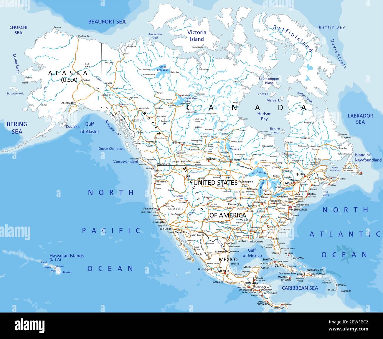 Mappa stradale dettagliata del Nord America con etichettatura. Illustrazione Vettoriale