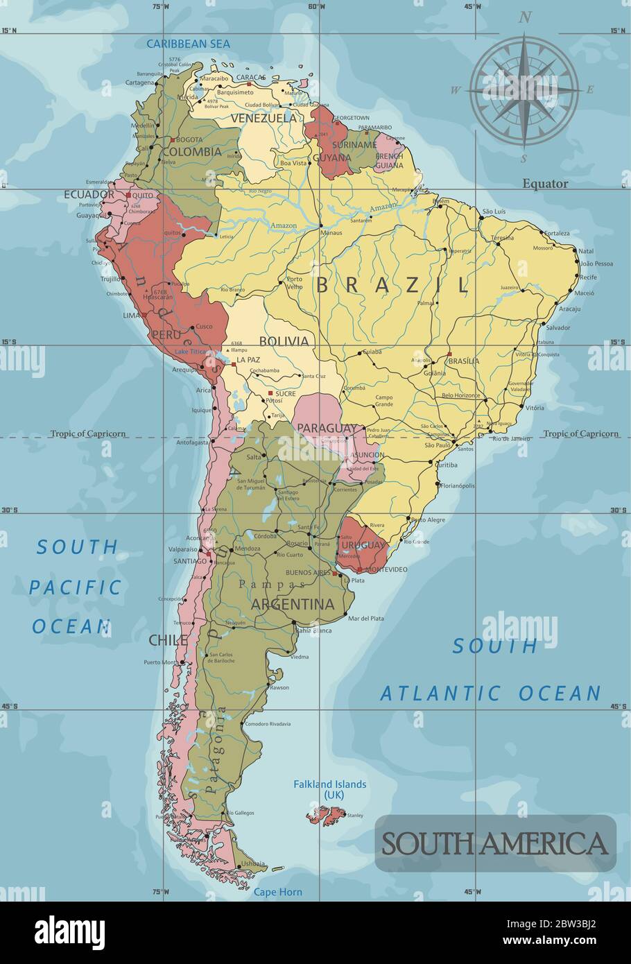 America del Sud Mappa politica modificabile e molto dettagliata con livelli separati Immagine