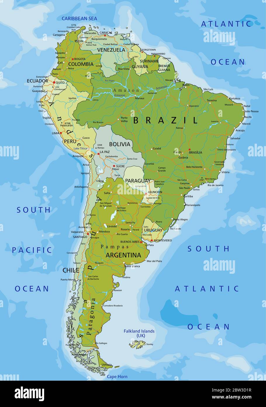 Mappa politica modificabile con livelli separati e molto dettagliata. America del Sud. Illustrazione Vettoriale