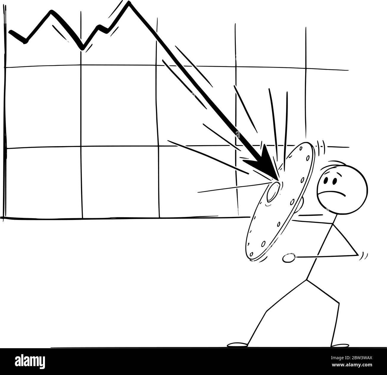 Grafico vettoriale a stick cartoon che illustra concettuale l'uomo o l'uomo d'affari che usa lo scudo per resistere al declino economico o finanziario grafico. Concetto di recessione o crisi. Illustrazione Vettoriale