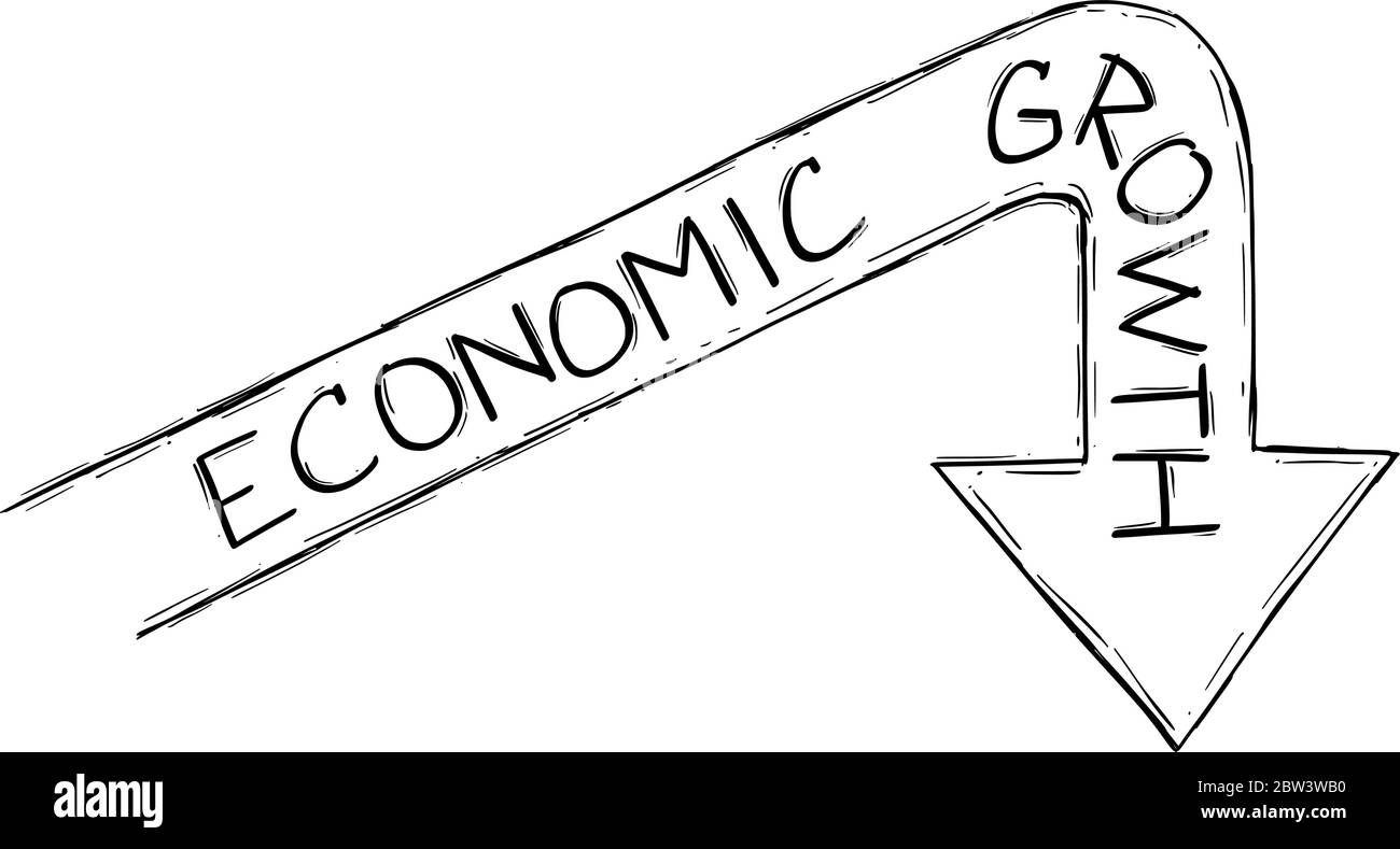 Disegno vettoriale di cartoni animati abbozzato illustrazione concettuale di freccia grafico che rappresenta la crescita economica globale in calo. Declino finanziario, crisi, recessione o depressione. Illustrazione Vettoriale