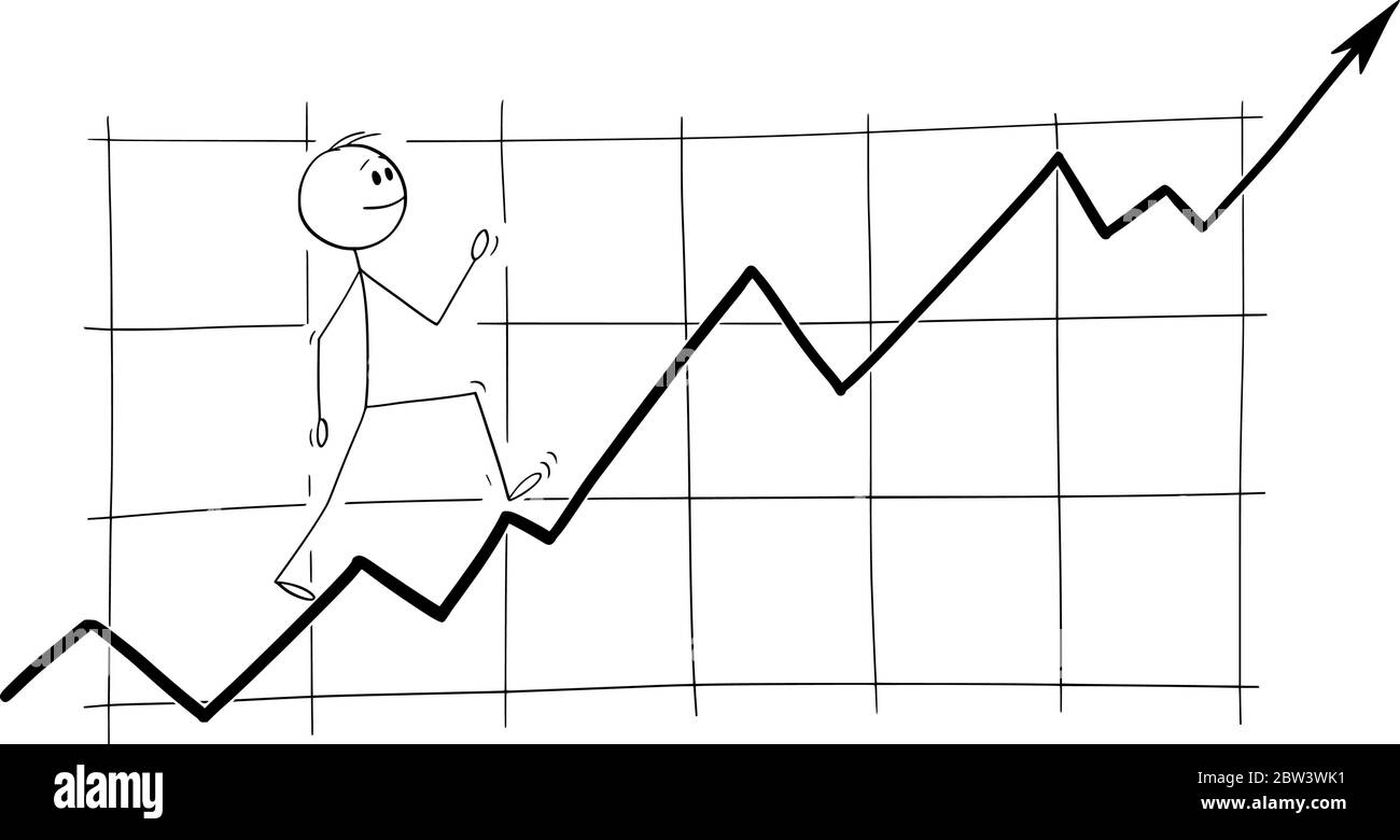 Grafico vettoriale del cartoon disegno di figura concettuale di uomo, investitore o uomo d'affari che camminano felicemente su grafico finanziario crescente o crescente, mercato azionario o concetto economico. Illustrazione Vettoriale
