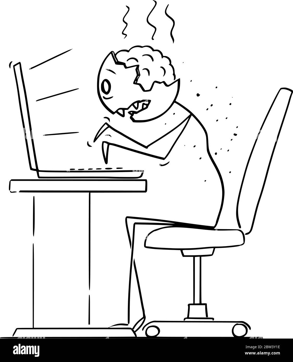 Grafico vettoriale del cartoon disegno illustrazione concettuale di un uomo d'affari zombie non morto che lavora o che scrive in ufficio sul computer. Il lavoro noioso uccide la creatività. Illustrazione Vettoriale