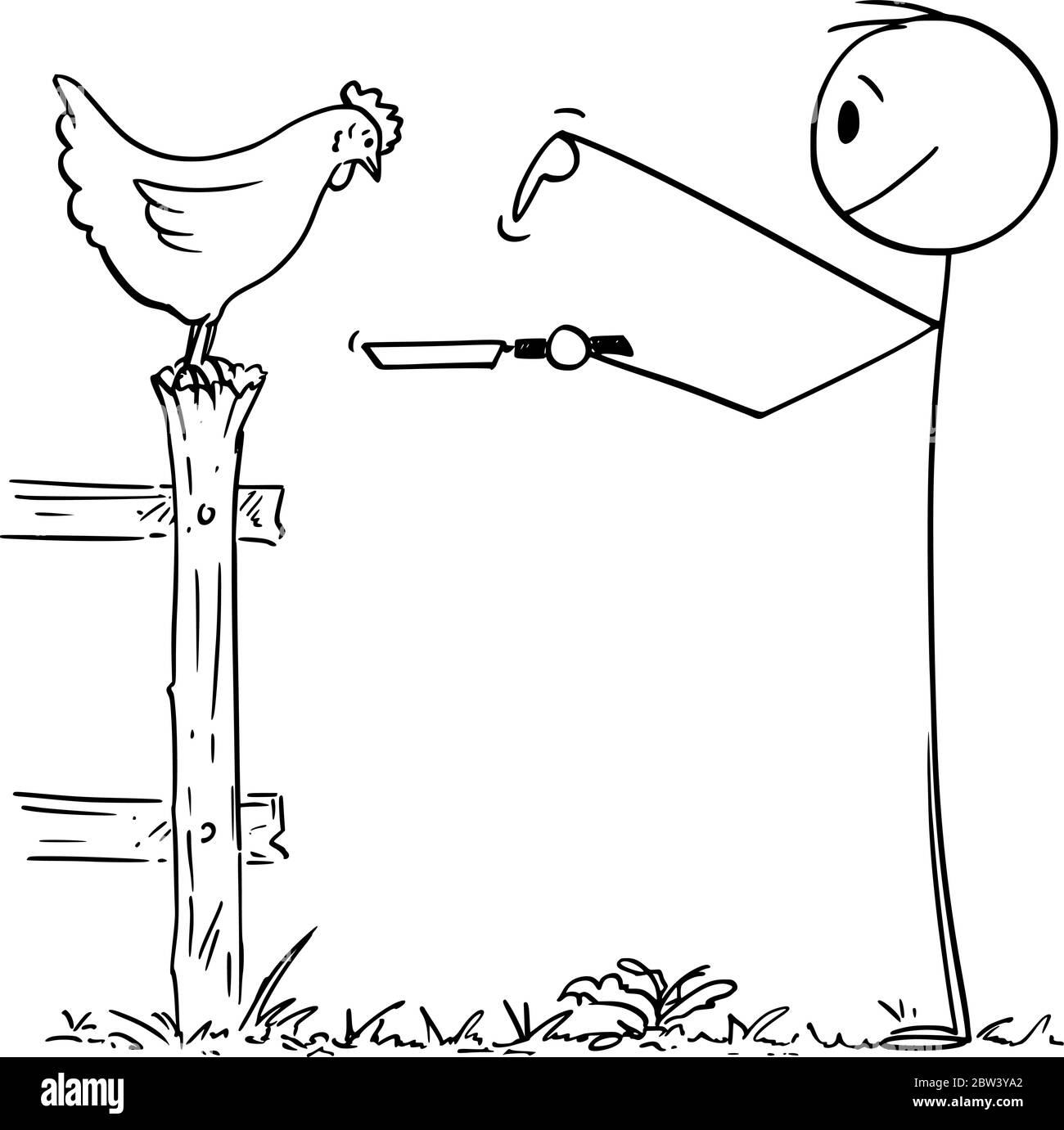 Figura del cartoon vettoriale disegno di illustrazione concettuale di contadino o uomo che tiene la padella e chiede gallina per l'uovo per la colazione. Illustrazione Vettoriale