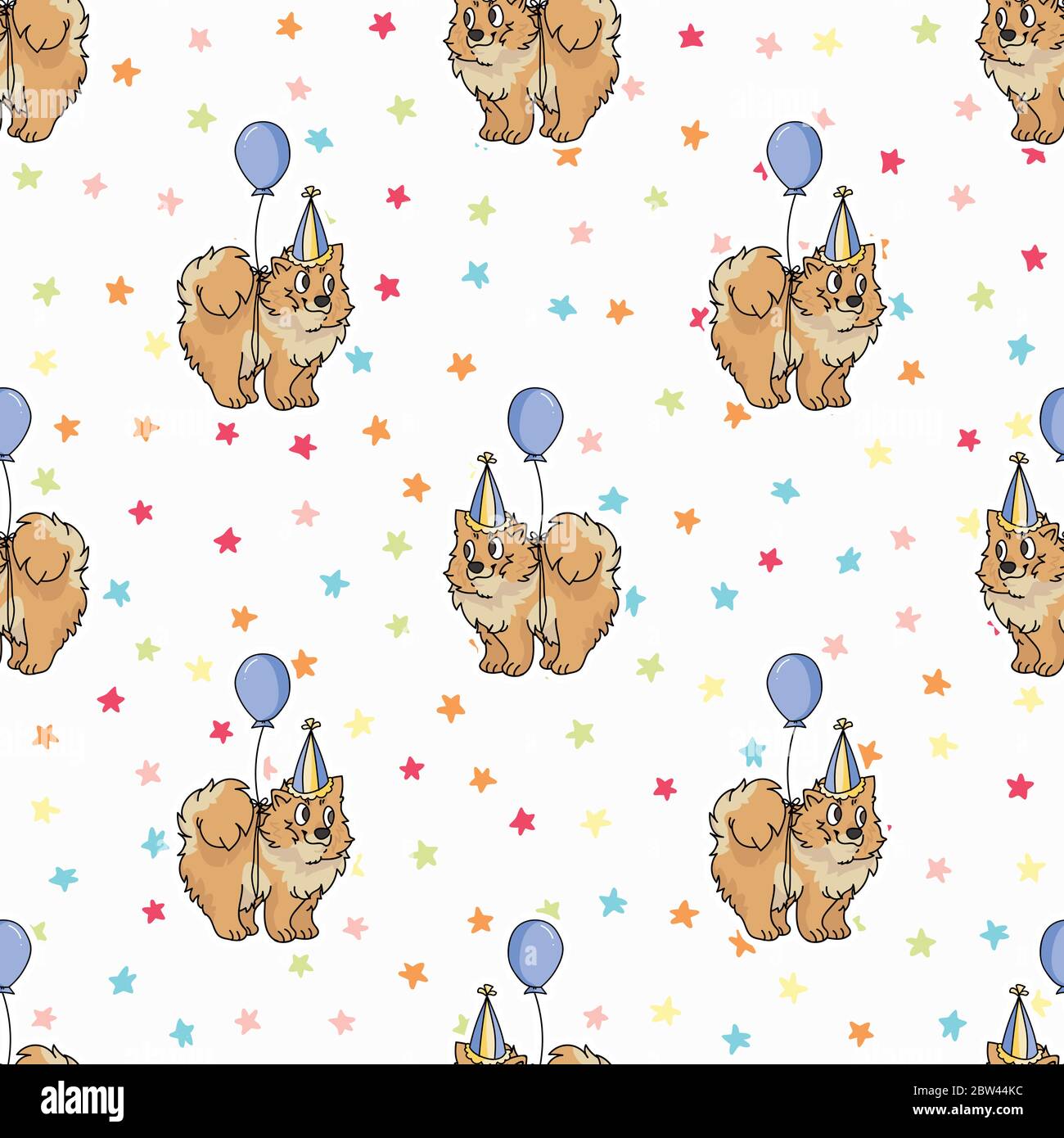 Cucciolo pomeraniano carino disegnato a mano con cappello da festa modello vettoriale senza giunture. Purebred pedigree domestico cane celebrazione sfondo. Cane amante spitz animale domestico Illustrazione Vettoriale