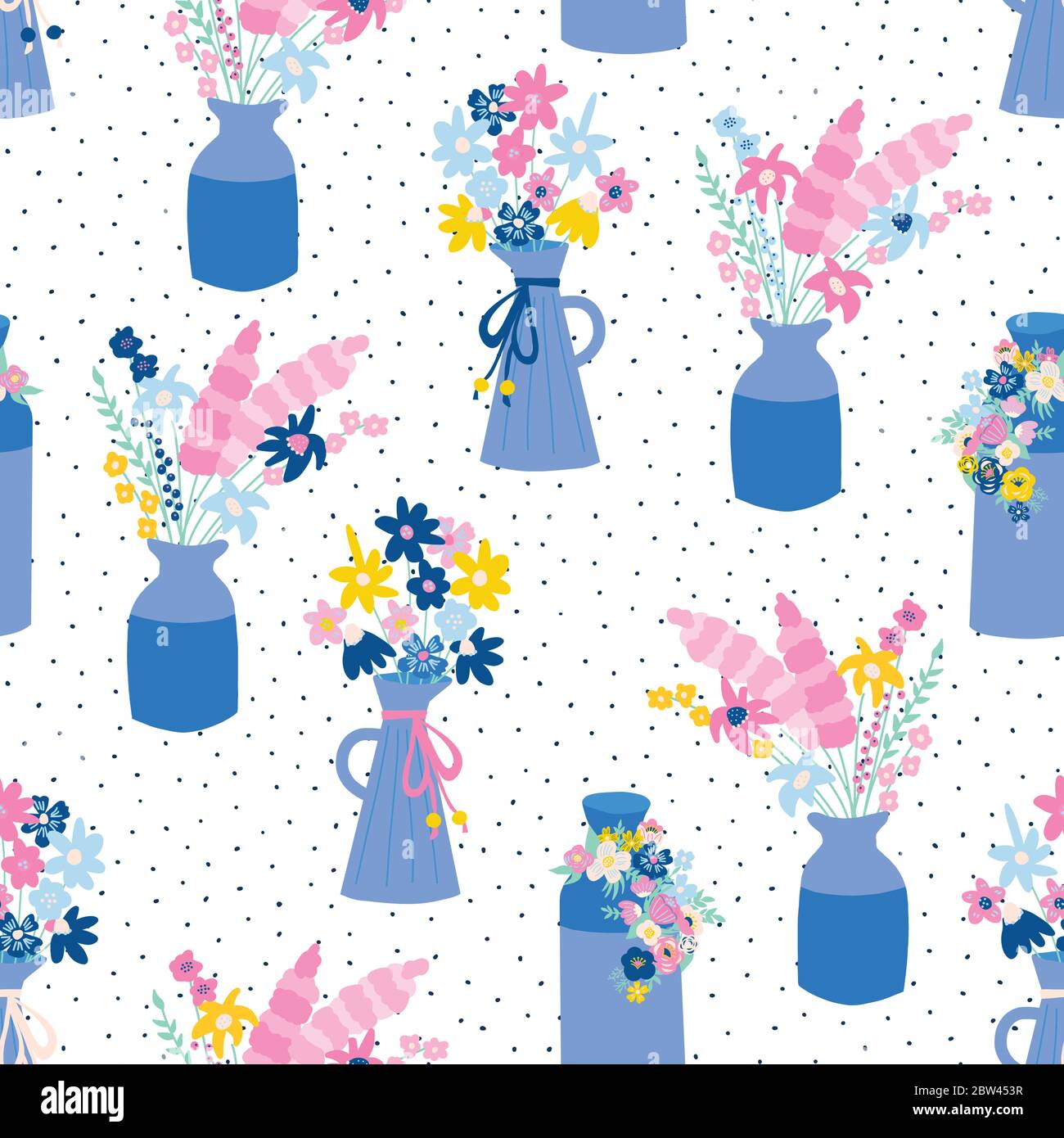 Vaso con motivo vettoriale senza cuciture floreali. Vasi di fiori di fondo con fiori selvatici primaverili ed estivi. Per tessuti, rivestimenti, carta da parati Illustrazione Vettoriale