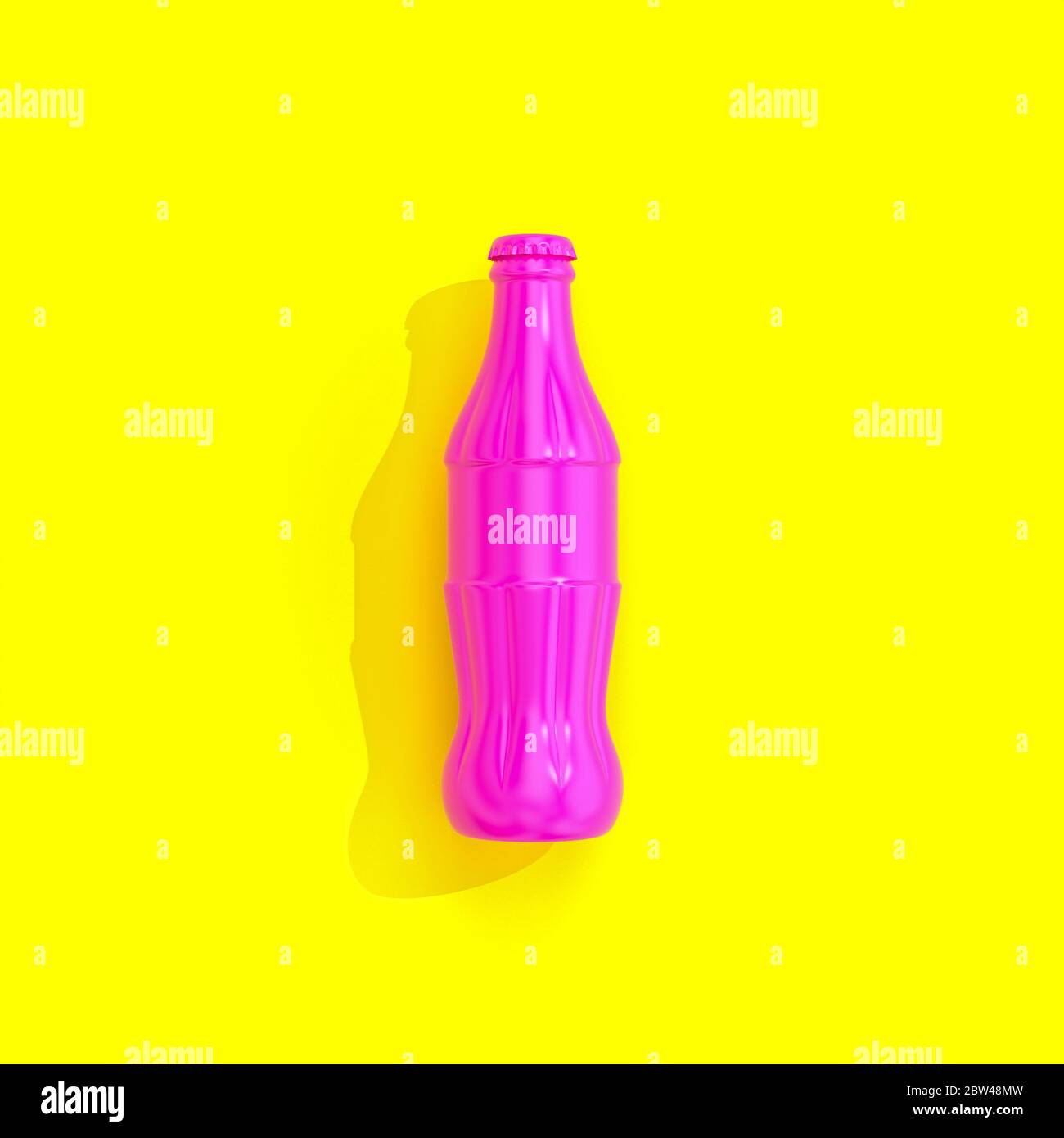 bottiglia fucsia su sfondo giallo in stile piatto. rendering 3d. nessuno intorno. formato quadrato. Foto Stock