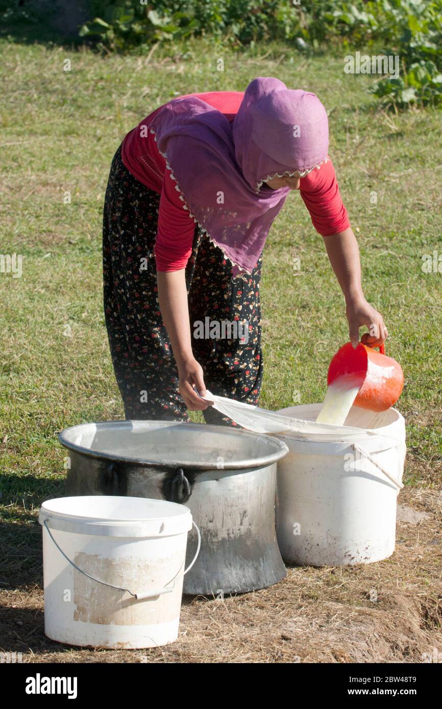 Türkei, Provinz Bingöl, Frau vom Stamm der Beritan-Nomaden bei der Herstellung von Schafskäse und Handel mit und Handel mit und Handel mit und Handel Foto Stock