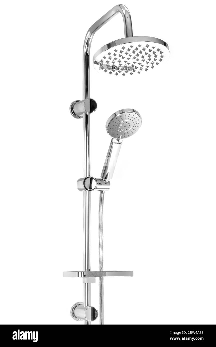 Doccie isolate su sfondo bianco. Set di testine per doccia Slim Line doppie portatili 2 in 1 quadrate in acciaio inox. Home innovazione. Doccia a mano cromata S Foto Stock