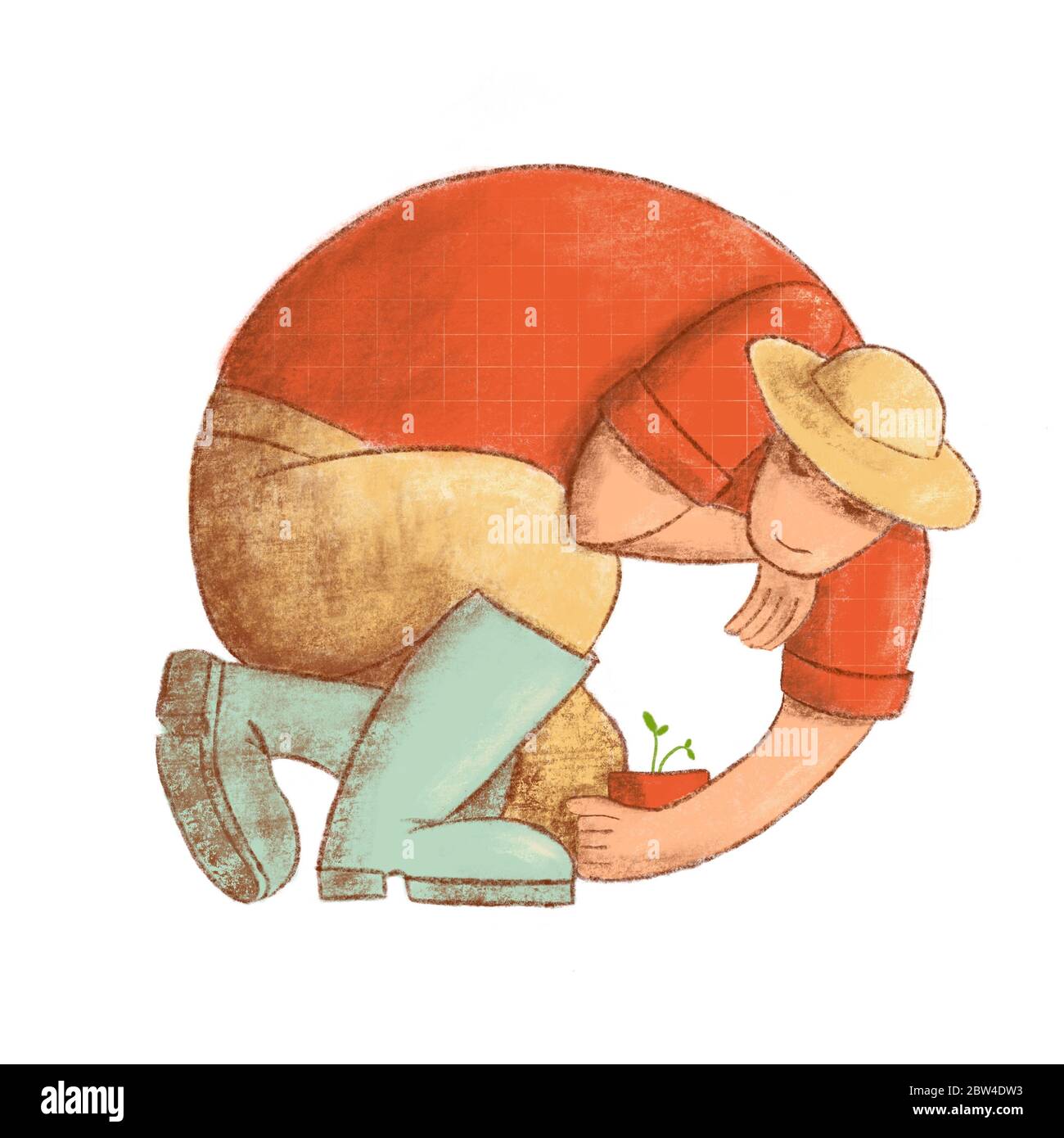 Vitruvian gardener illustration. Agricoltore inscritto in cerchio. Uomo in camicia rossa, cappello di paglia e stivali da pioggia Foto Stock