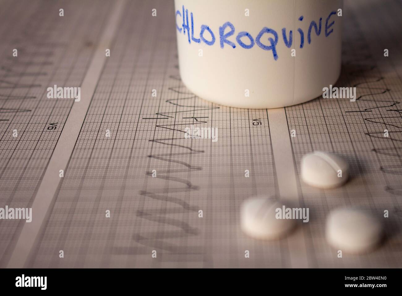 Effetti avversi sul cuore da parte di idrossiclorochina o clorochina. Pillole su un elettrocardiogramma con aritmie cardiache. Contenitore bianco con 'idro Foto Stock