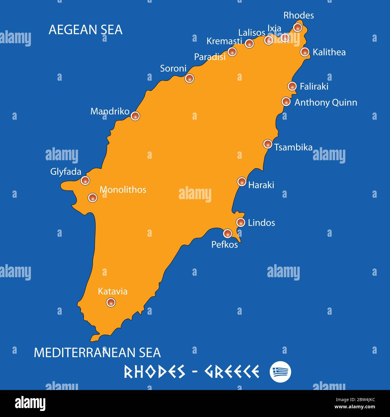 Isola di rodi in Grecia mappa arancione arte e sfondo blu Illustrazione Vettoriale
