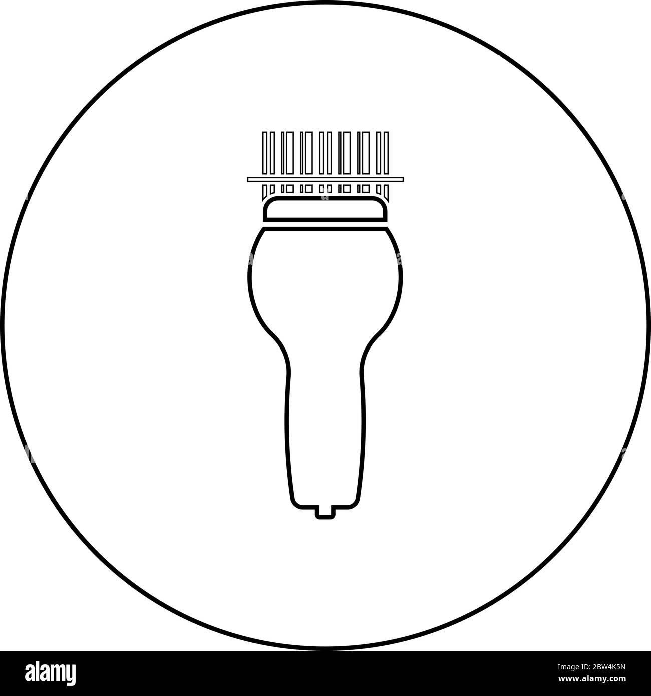 Scansione del codice a barre con l'icona dello scanner manuale in cerchio contorno rotondo colore nero illustrazione vettoriale stile piatto immagine semplice Illustrazione Vettoriale