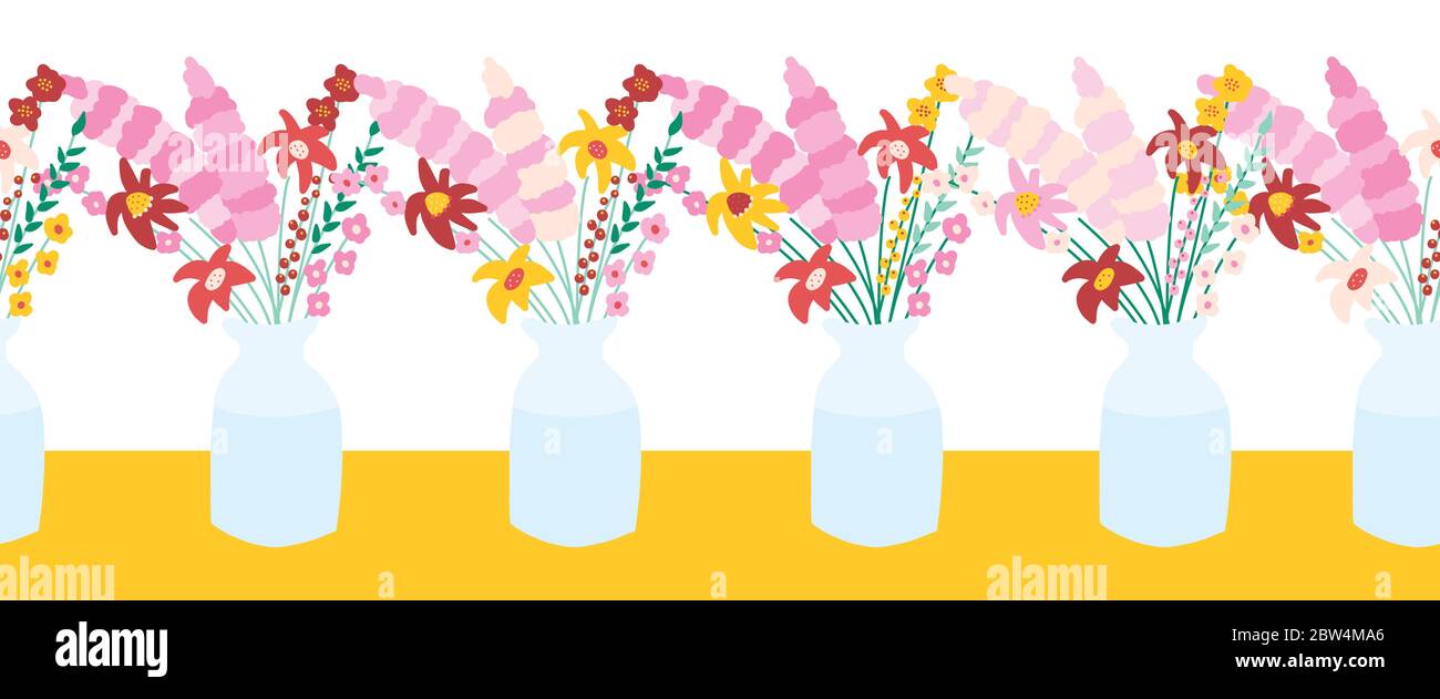 Fiori vettoriali senza cuciture in vaso. Vasi a ripetizione con fiori primaverili ed estivi. Per rivestimenti in tessuto, nastri, nastri per condotti, decorazioni per schede Illustrazione Vettoriale