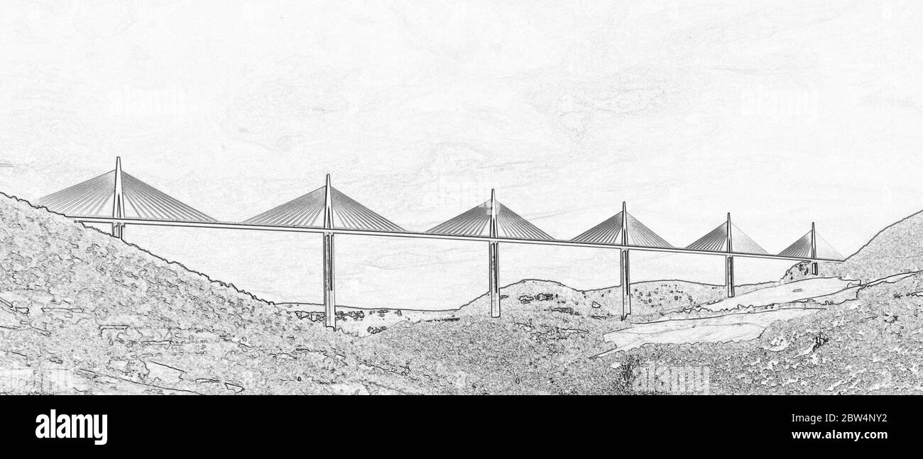 Viadotto di Millau, che collega il Causses de Sauveterre e il Causses du Larzac sopra il fiume Tarn. Aveyron, Francia Foto Stock