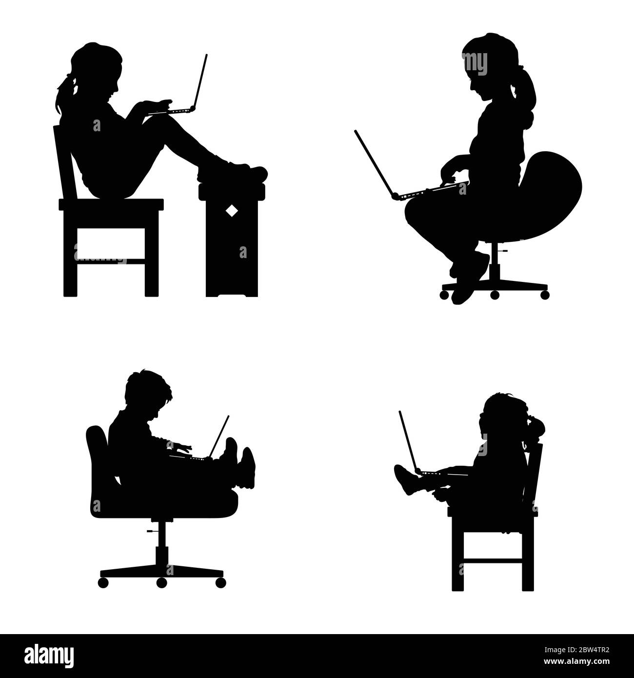 silhouette per bambini seduta su sedia con illustrazione del set per computer portatile Illustrazione Vettoriale