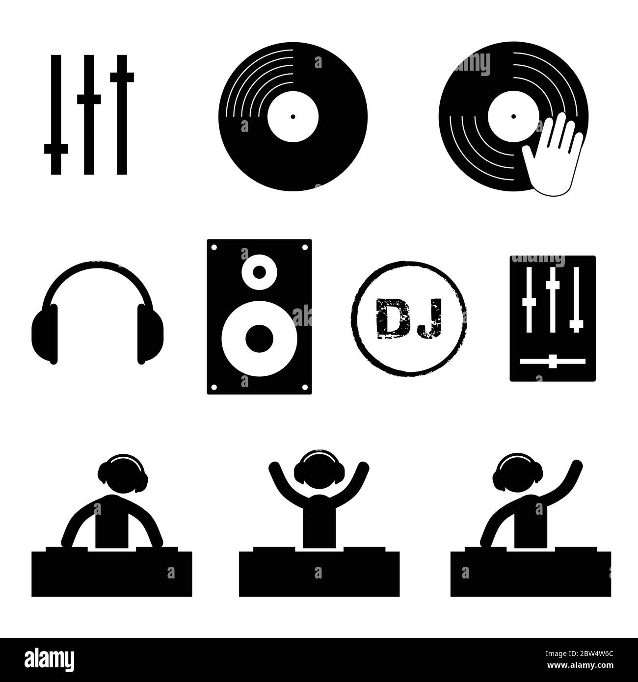 icona dj impostata in un'illustrazione grafica a colori neri Illustrazione Vettoriale