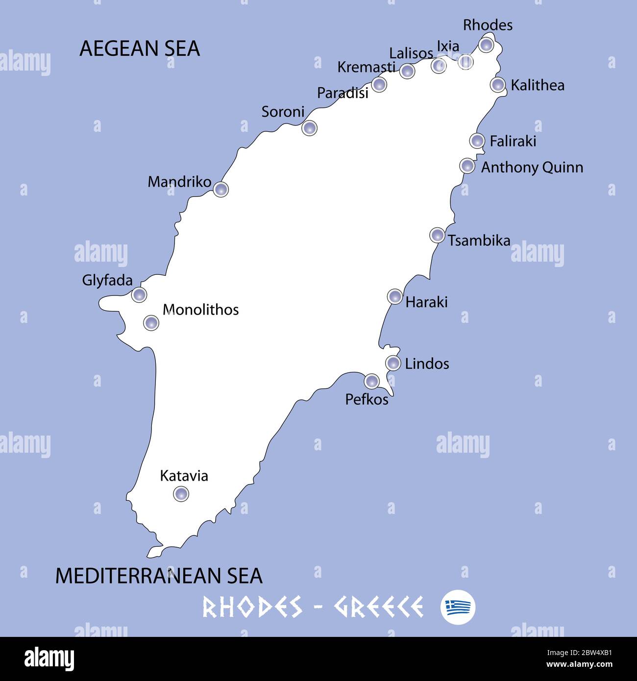 isola di rodi in grecia mappa bianca e sfondo blu illustrazione in colorato Illustrazione Vettoriale