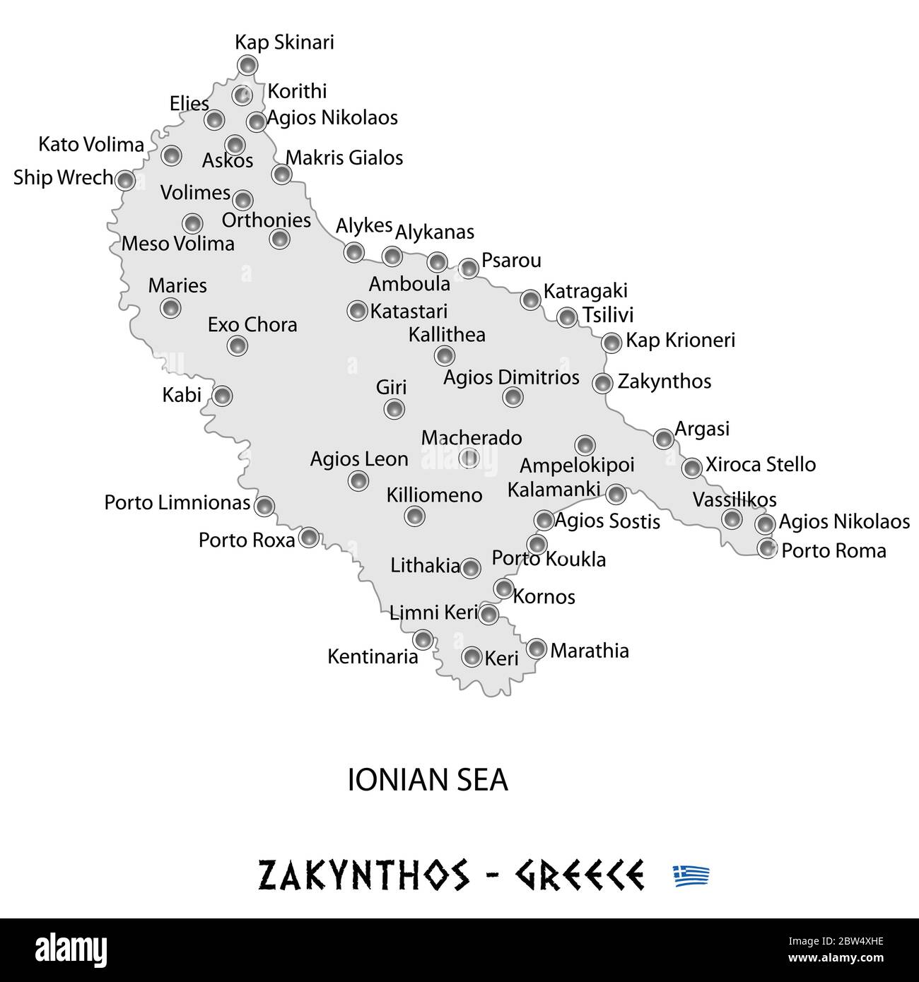 isola di zakyntos in grecia mappa bianca illustrazione d'arte Illustrazione Vettoriale