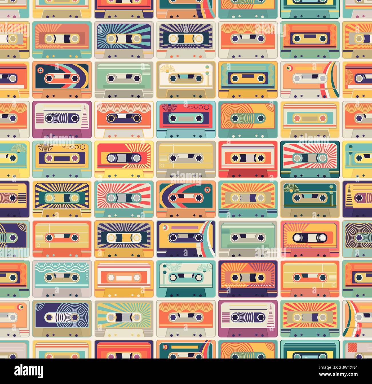 Motivo senza cuciture con cassette audio in una tavolozza di colori retrò. modello vettoriale ispirato alla musica e alla cultura degli anni '80 e '90. Illustrazione Vettoriale