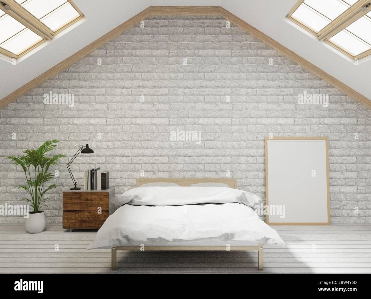 Rendering 3D Camera da letto stile loft con parete in mattoni bianchi, pavimento in legno, albero, struttura per mock up Foto Stock