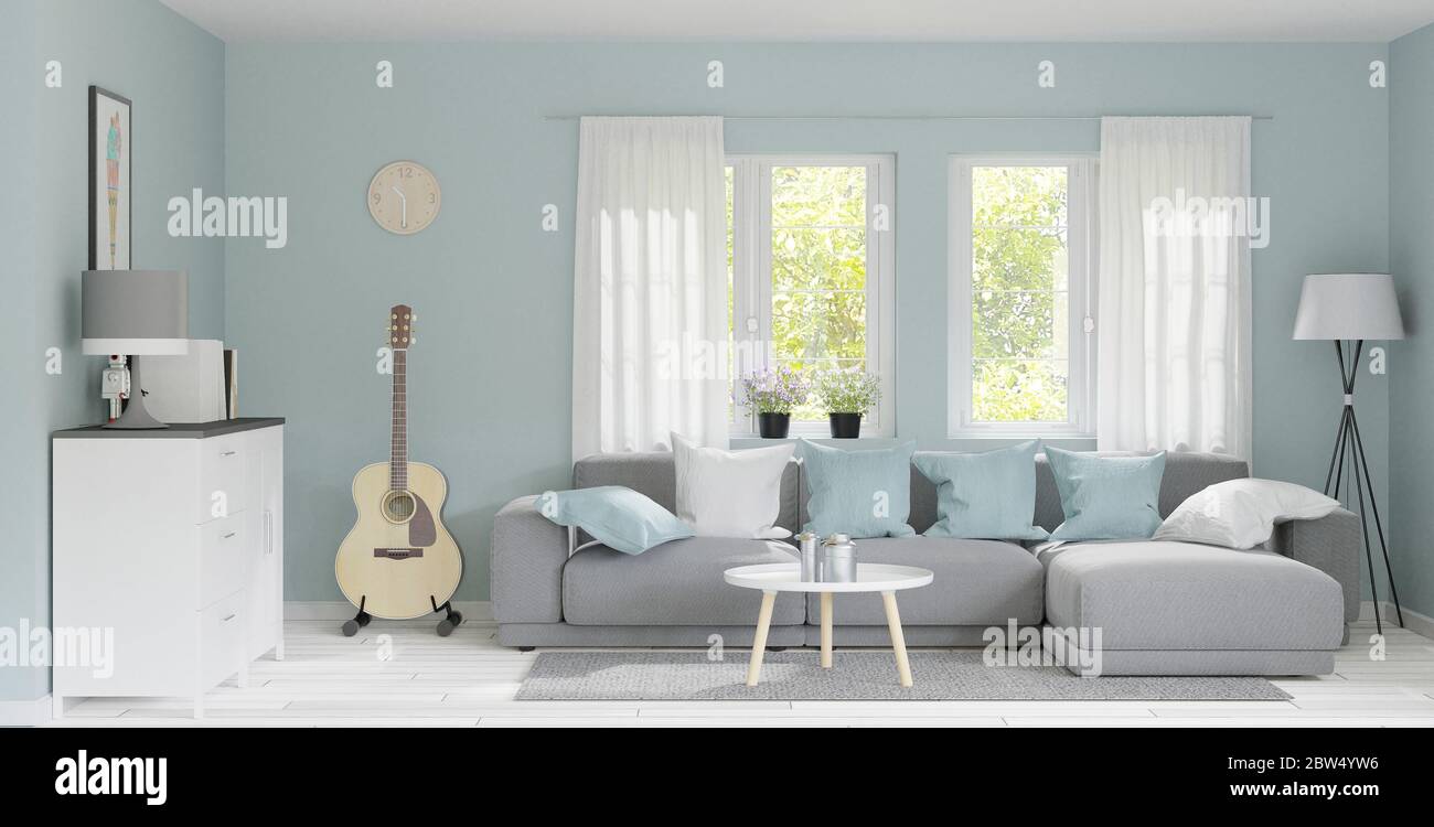 moderno salotto con pavimento in legno, parete verde pastello, rendering 3d Foto Stock