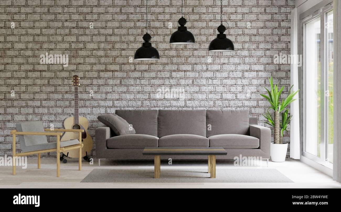 Soggiorno loft e stile industriale, parete in mattoni, grande camera Foto Stock