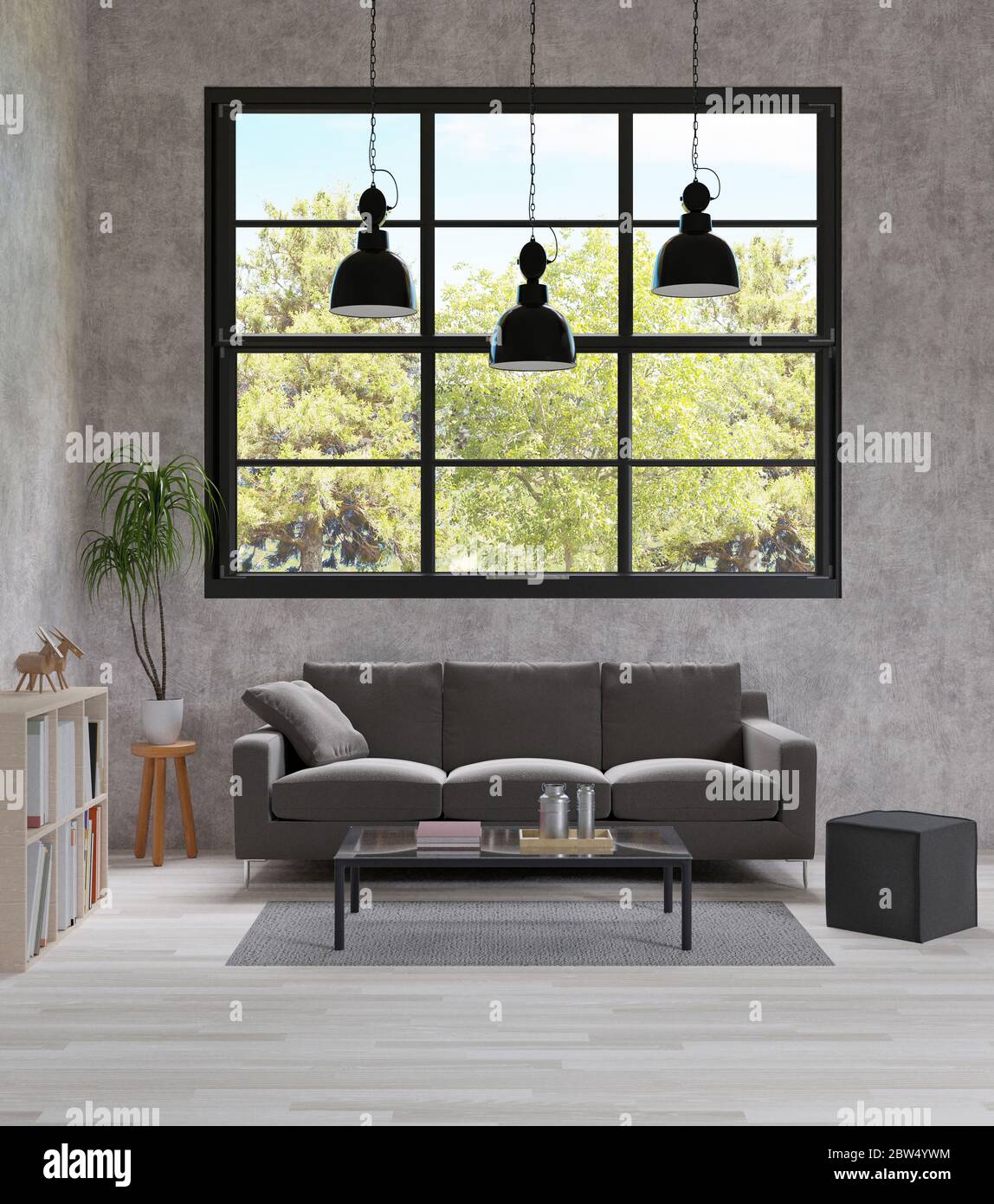 Salotto in stile loft con rendering 3D, calcestruzzo grezzo, divano grigio scuro, lampada nera, pavimento in legno Foto Stock