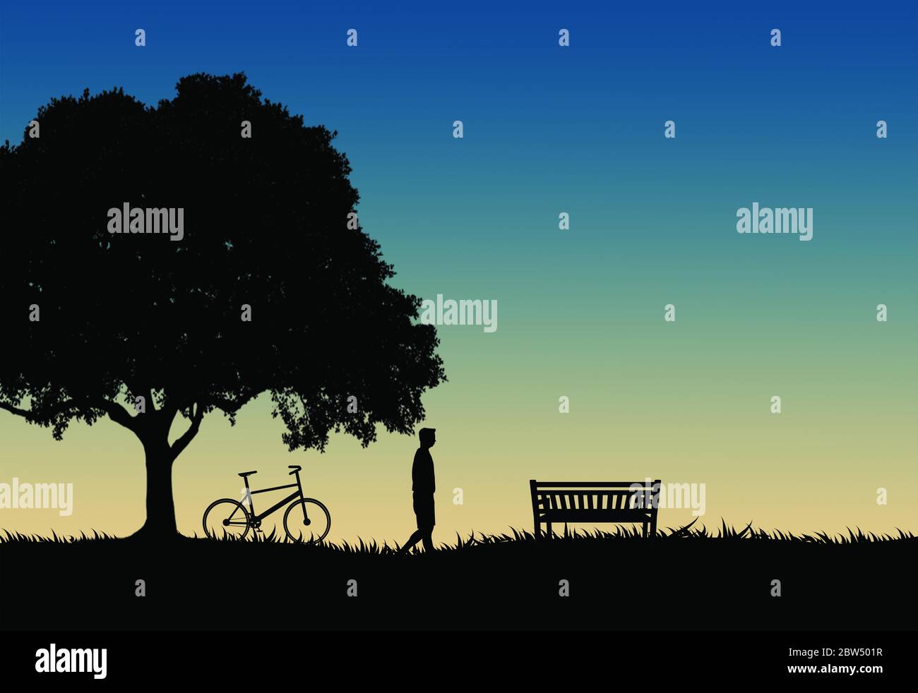 Silhouette in bianco e nero uomo che cammina alla panca per prendere un po 'di riposo, relax Foto Stock