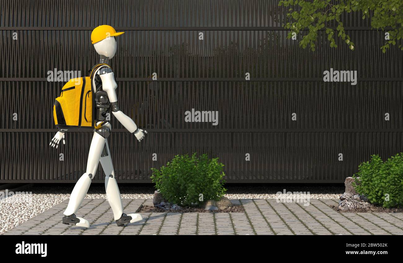 Robot umanoide in uniforme con uno zaino giallo. Corriere robot. Servizio di consegna. Concetto futuro con robotica intelligente e intelligenza artificiale. 3D Foto Stock