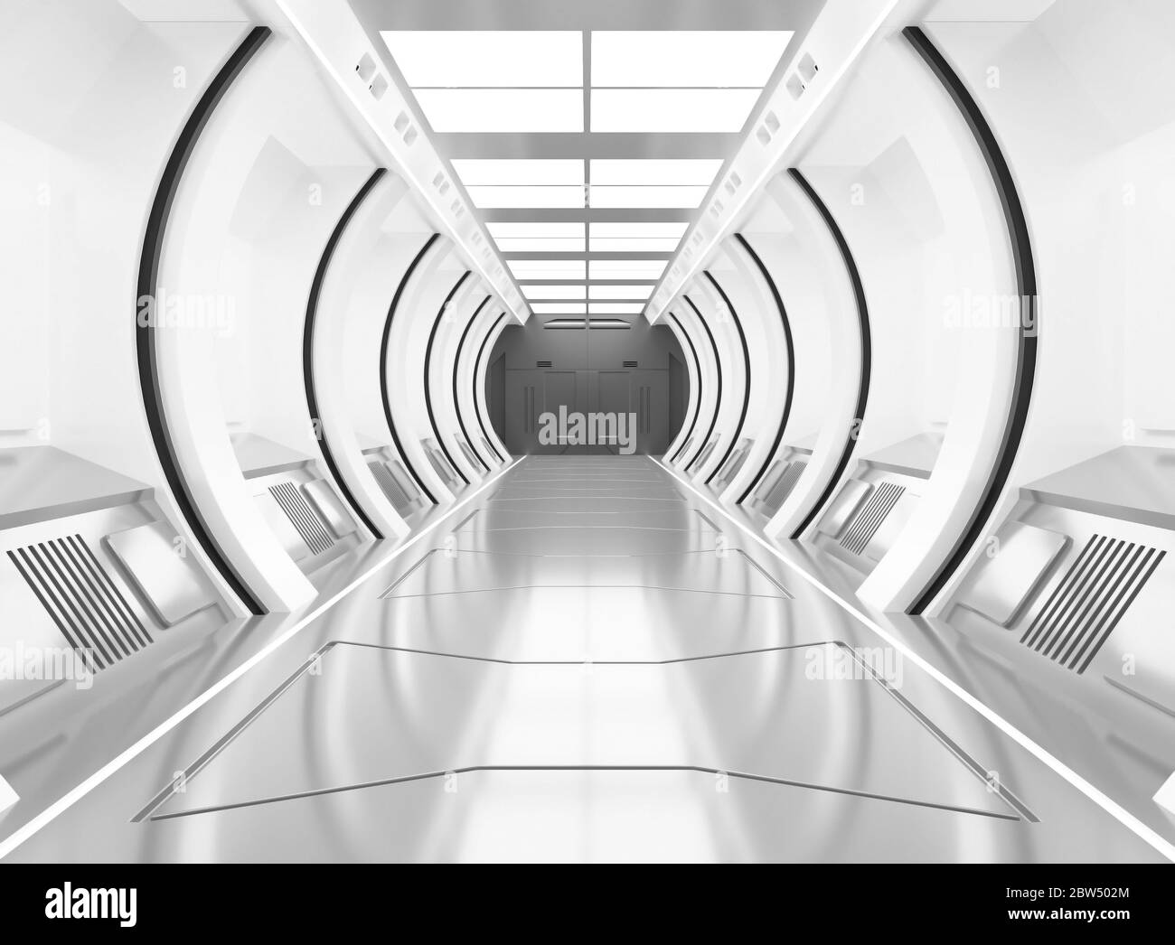 Elementi di rendering 3D di questa immagine forniti, Spaceship bianco e delizia interni con vista, tunnel, corridoio Foto Stock