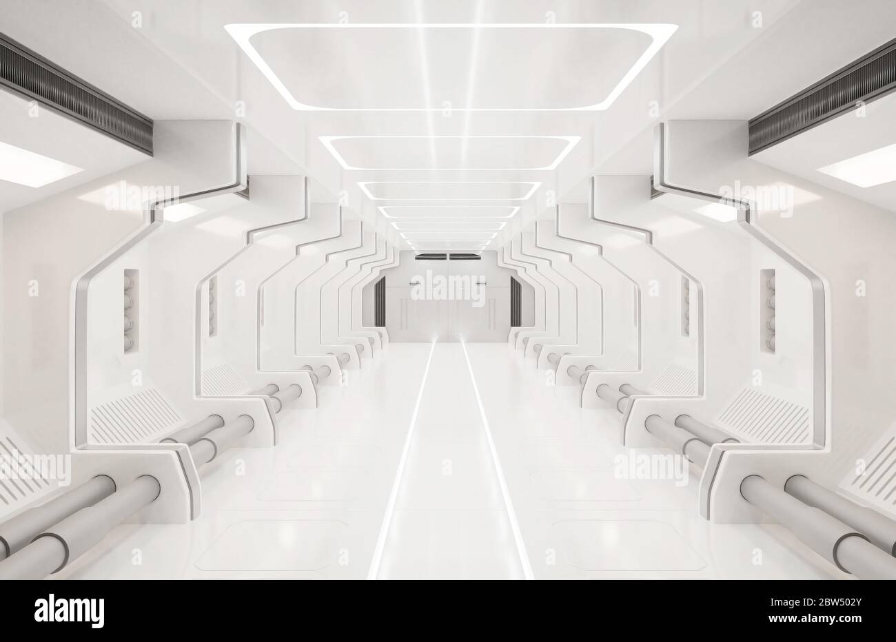 Elementi di rendering 3D di questa immagine forniti, Spaceship bianco interno, tunnel, corridoio, corridoio Foto Stock