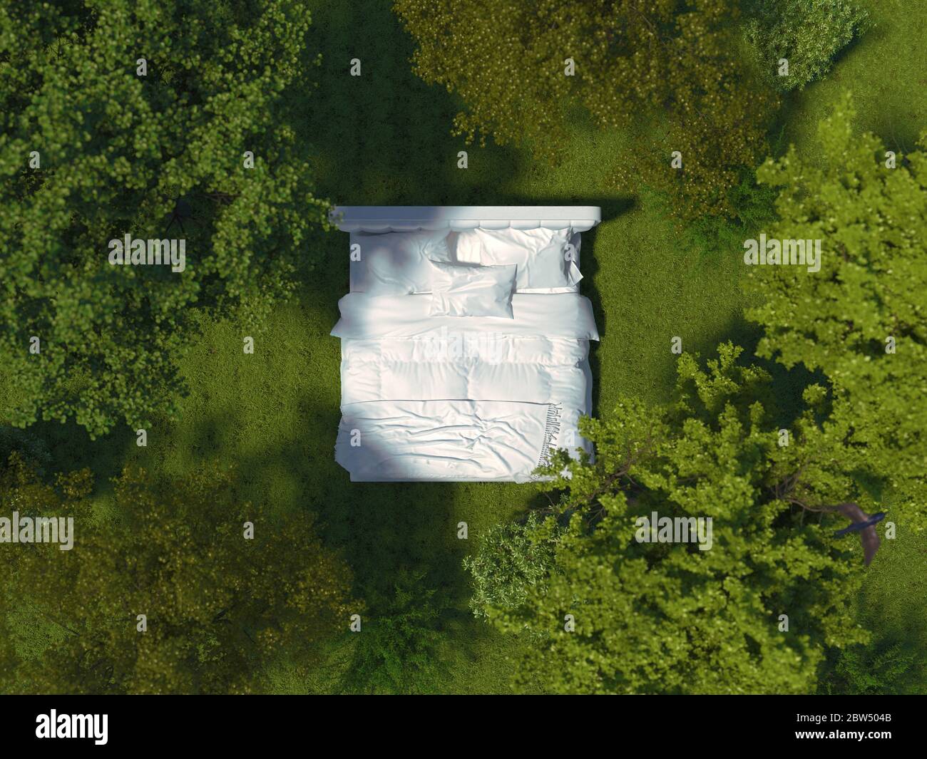 Un letto con biancheria bianca sull'erba nella foresta tra gli alberi. Letto bianco all'aperto in un paesaggio in una vista dall'alto. Illustrazione del concetto creativo. 3D Foto Stock