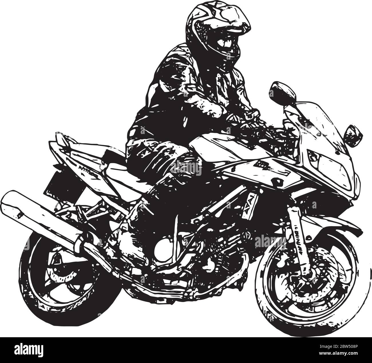 I motociclisti che guidano una motocicletta percorrono la strada asfaltata Illustrazione Vettoriale