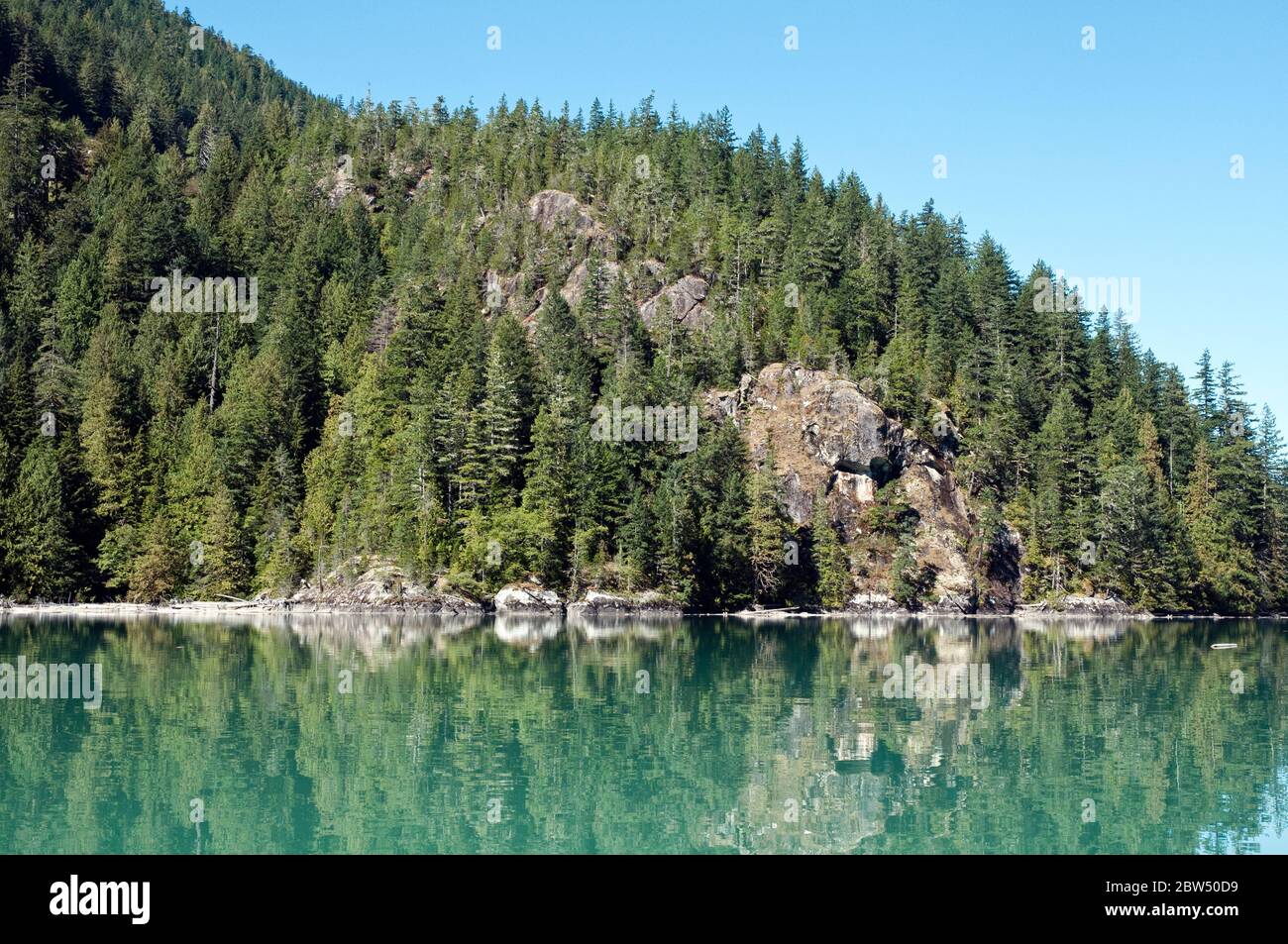 Le foreste di montagna e il fiume glaciale alimentano le acque del lago di Owikeno, nella foresta pluviale del Grande Orso, costa centrale, Wuikinuxv, Colombia Britannica, Canada. Foto Stock