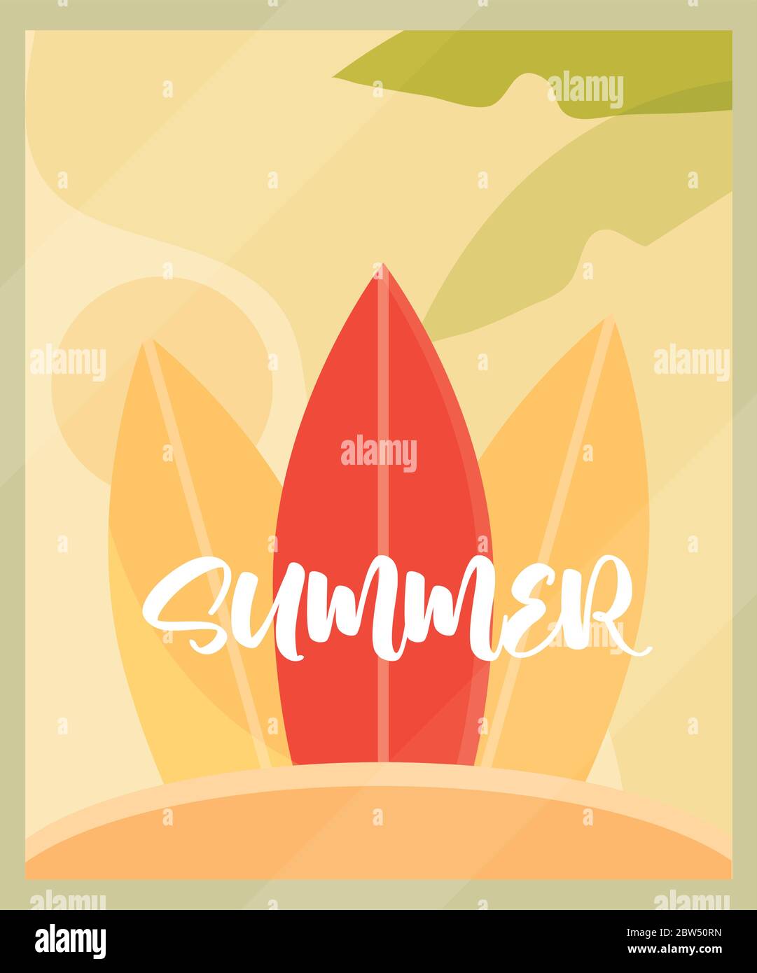 ciao banner estate, tavole da surf palma stagione vacanze viaggio concetto di illustrazione vettore Illustrazione Vettoriale
