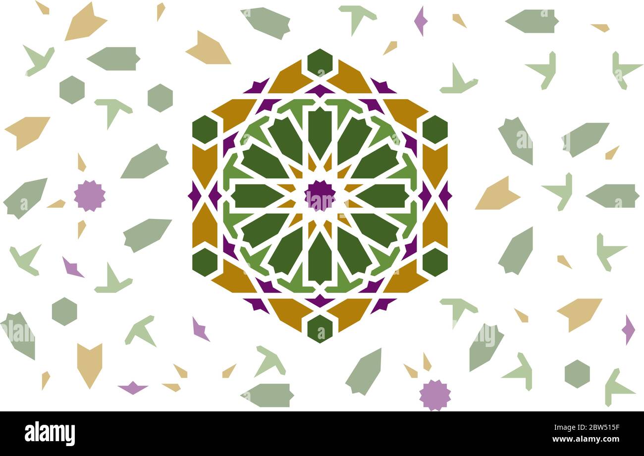 Modello vettoriale arabo. Motivo arabo con disintegrazione delle piastrelle arabescate di colore e luminoso elemento centrale Illustrazione Vettoriale