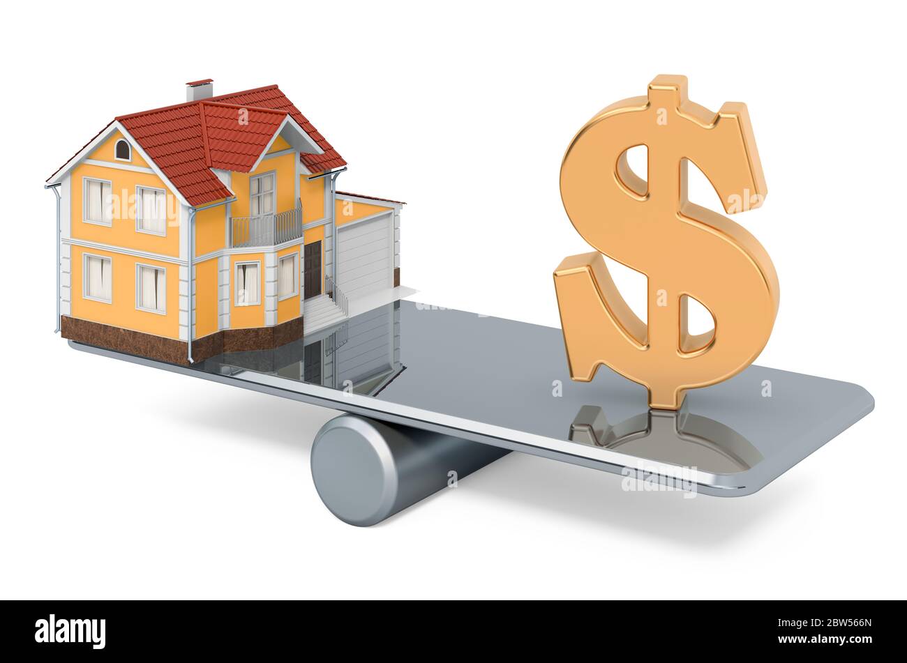 Simbolo della casa e del dollaro. Concetto di bilanciamento, rendering 3D isolato su sfondo bianco Foto Stock