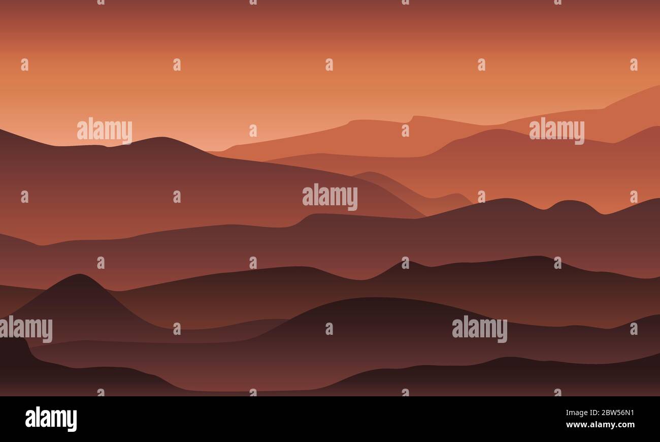 Paesaggio montano nel deserto con luce del tramonto/alba e nebbia. Mattina / sera in montagna illustrazione Illustrazione Vettoriale