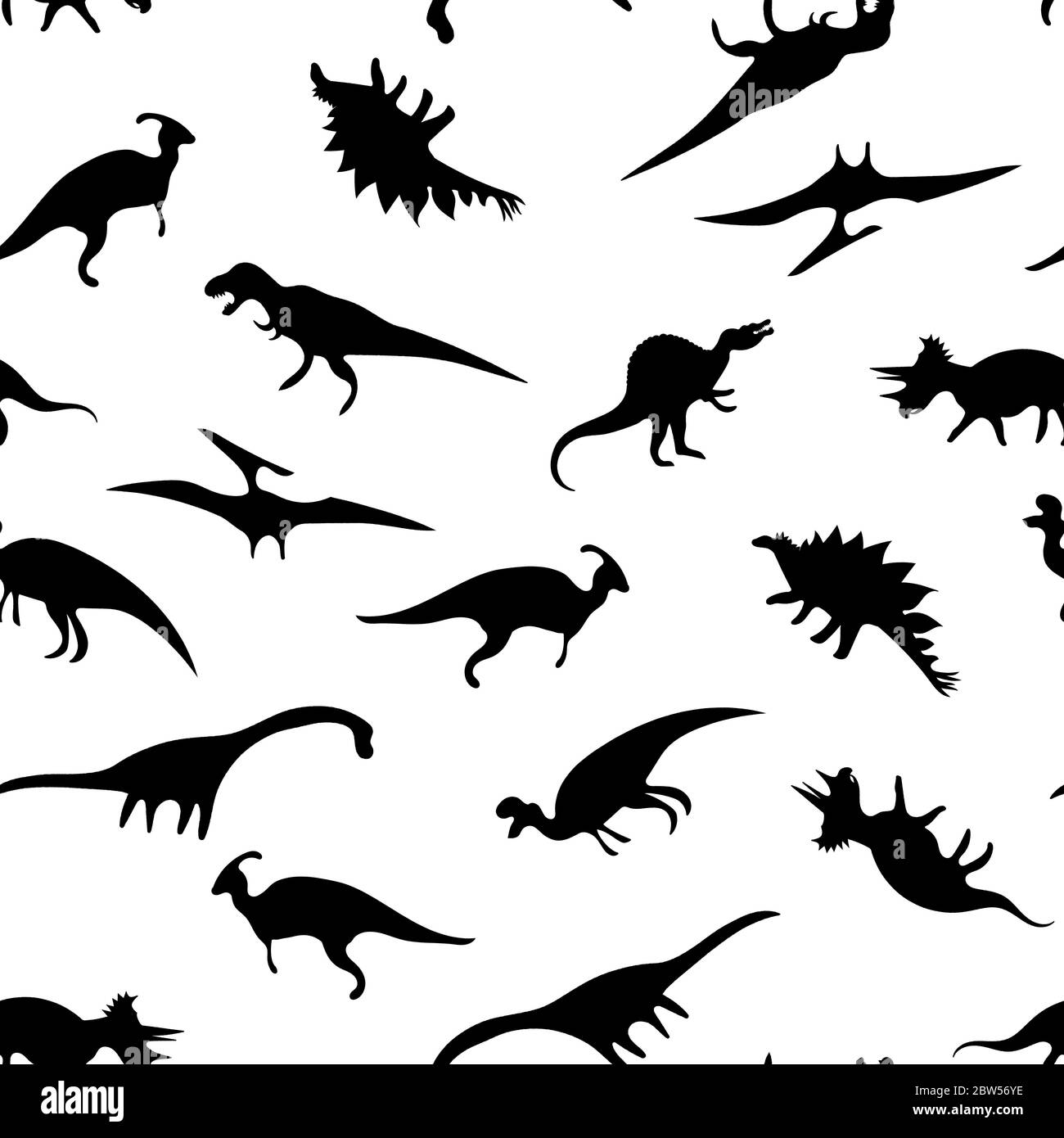 Motivo vettoriale senza cuciture con sagome nere dei dinosauri. Set di vari dinosauri su sfondo bianco. Disegno di motivi di superficie per sfondo, avvolgimento Illustrazione Vettoriale