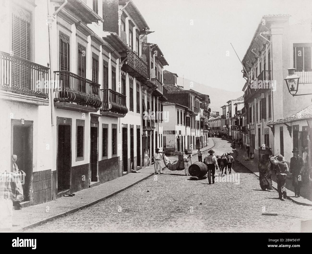 Fotografia del XIX secolo d'epoca - scena di strada a Funchal, Madeira, Portogallo con sedia da trasporto e barrel di vino. Foto Stock