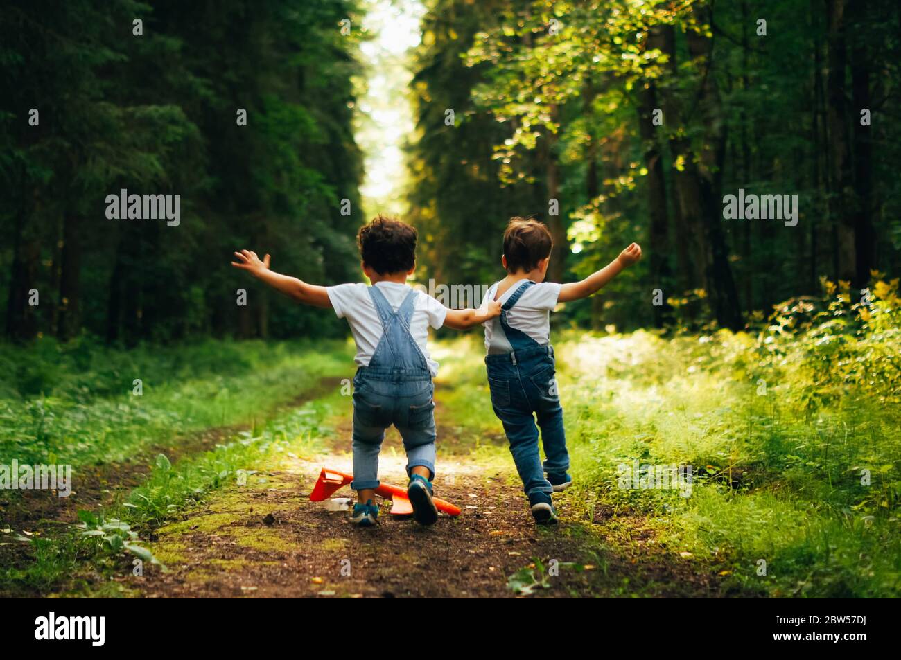 Due ragazzini, amici che corrono e combattono e giocano in estate soleggiato giorno nella foresta. Amore fratello. Vista posteriore. In attesa di futuro. R Foto Stock
