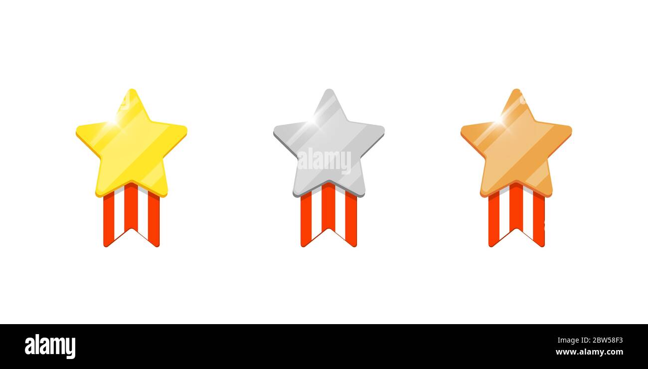 Set di premi Gold Silver per la medaglia di bronzo per l'animazione di videogiochi per computer o app mobili. Premio per il raggiungimento del primo secondo terzo posto. Vincitore trofeo isolato flat eps icona vettoriale Illustrazione Vettoriale