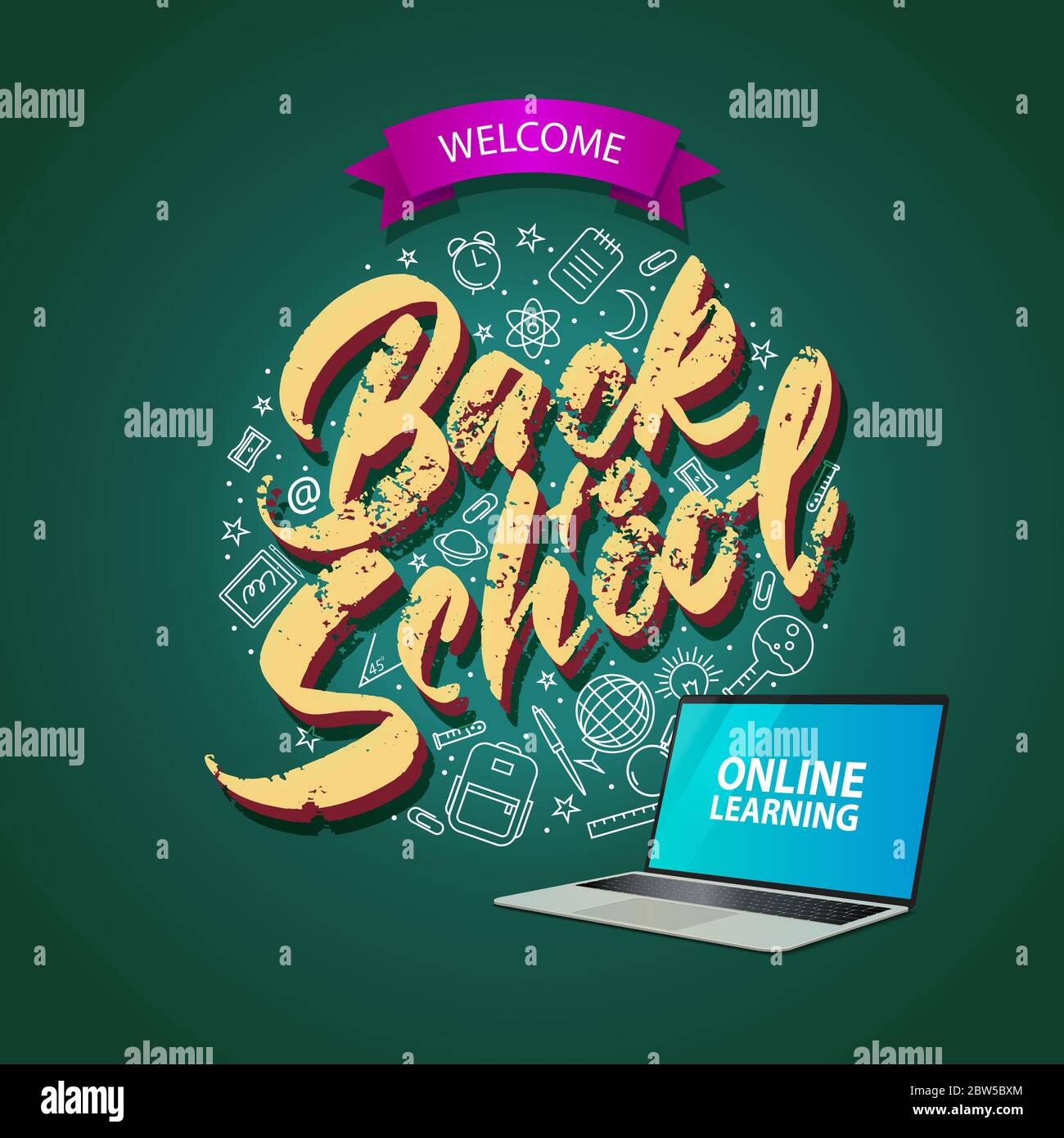Banner quadrato torna a scuola, formazione online. Lettere e icone lineari. Illustrazione Vettoriale