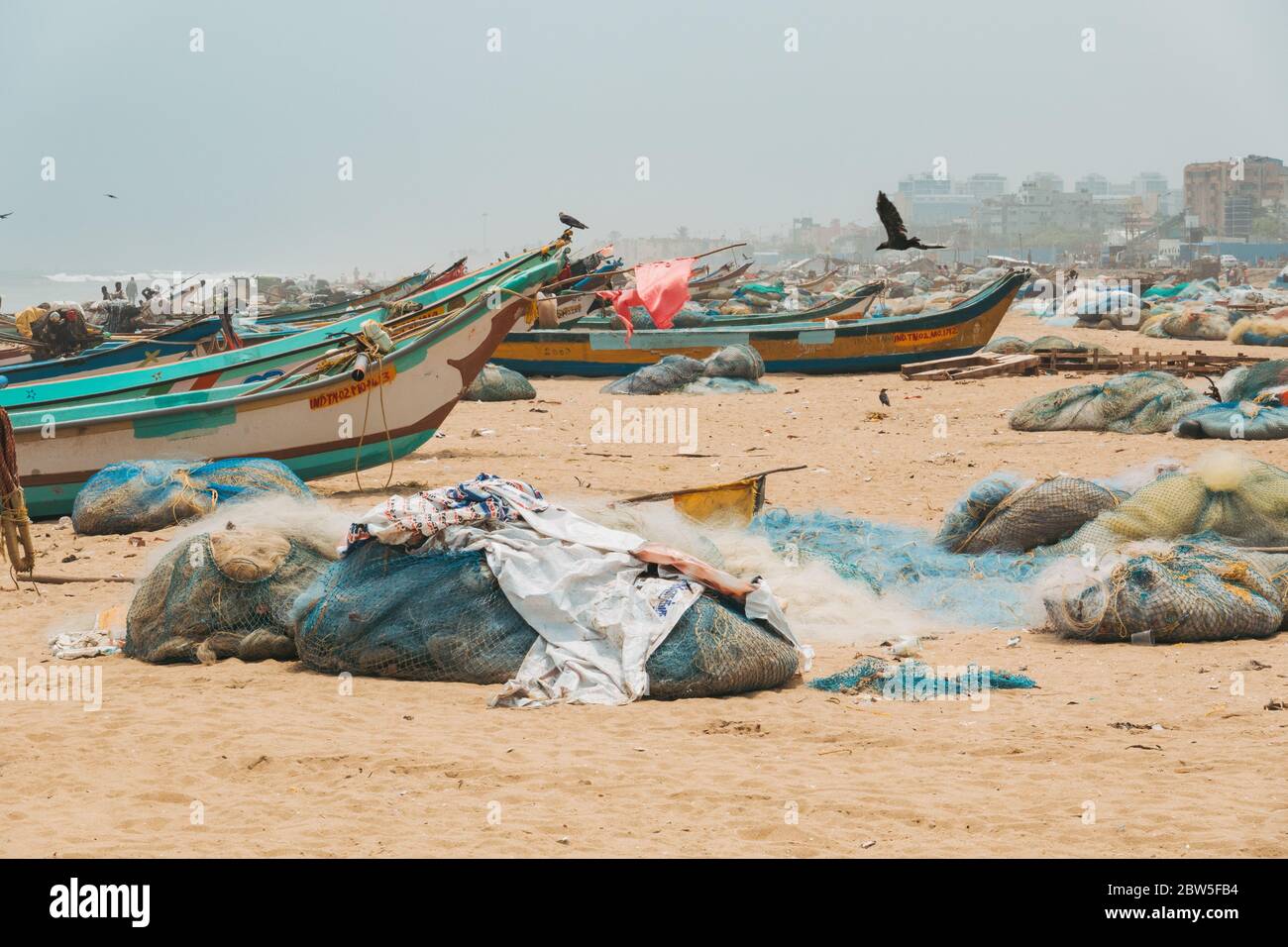 Centinaia di barche da pesca e reti parcheggiate sulla riva di Marina Beach a Chennai, India Foto Stock
