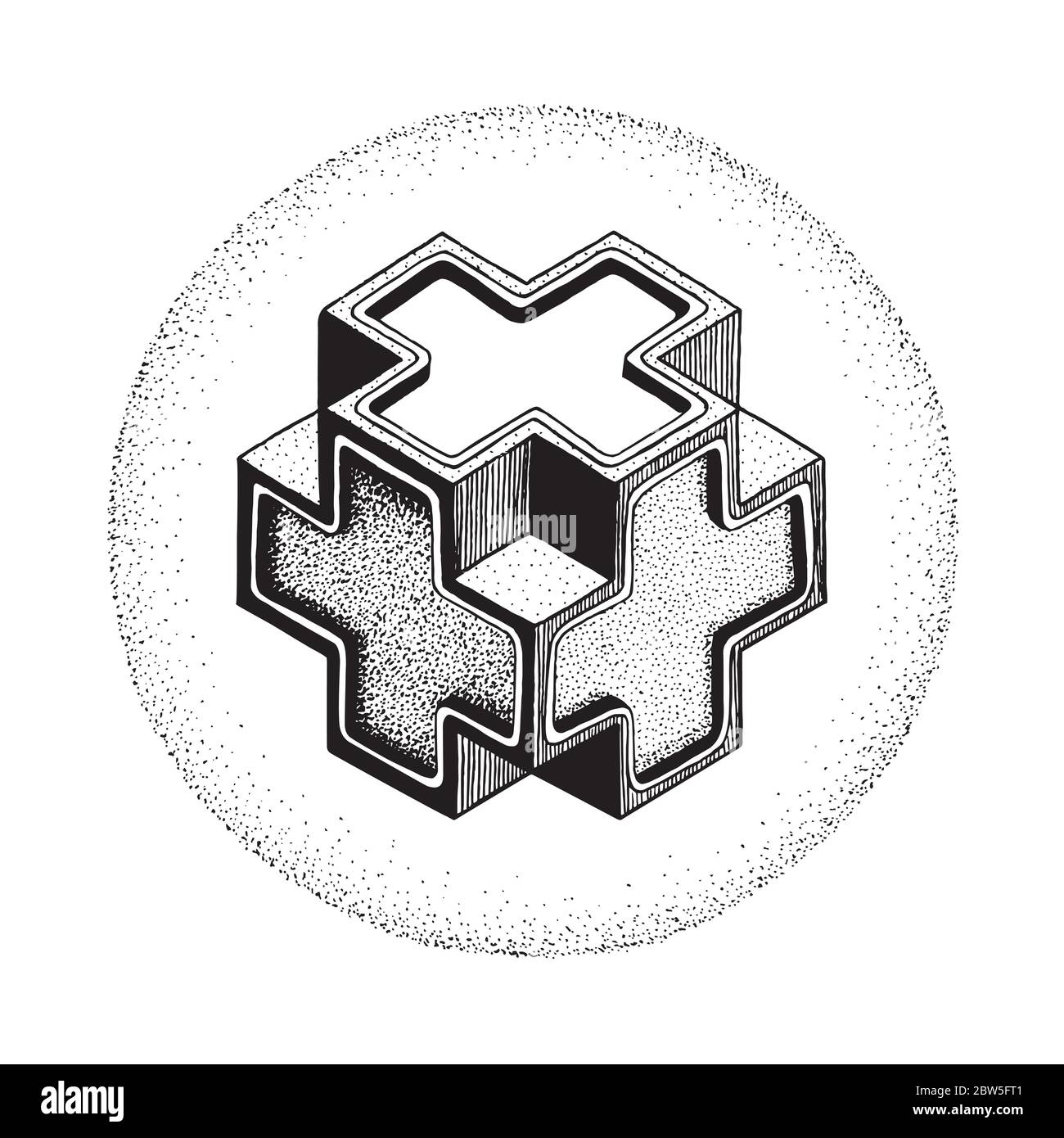 Elemento volumetrico disegnato a mano. Disegno di schizzo di stile vintage con simbolo isometrico Plus. Illustrazione Vettoriale